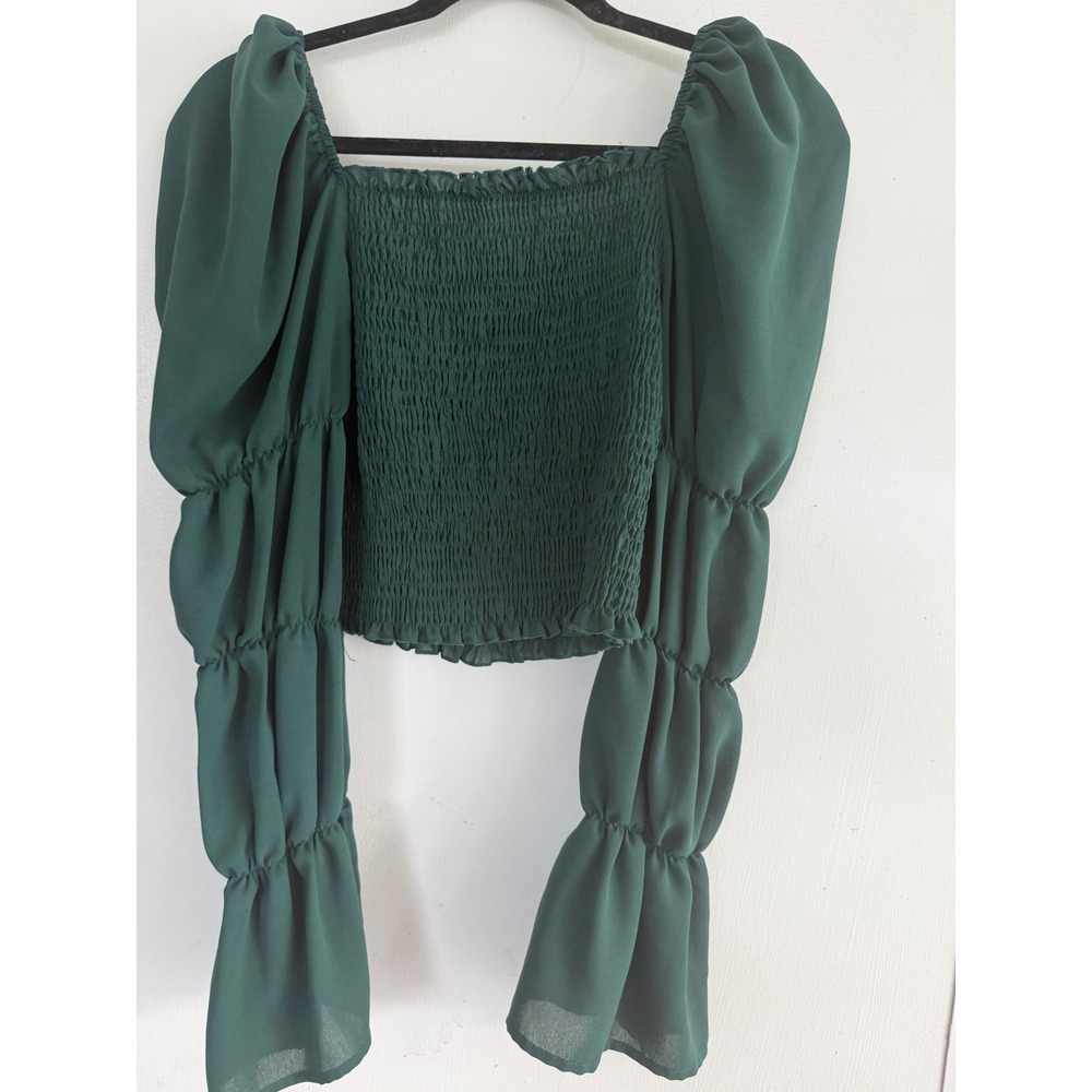 Green Smocked Puff Sleeve Crop Top Square Neck Tiered Long Sleeve Blouse Small